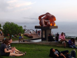 Famous sculpture "The Lovers" inspired by Antoni Guadi located in Miraflores, Peru at El Parque del amor.  Take note of all the lovers on the grass.