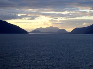 Near sunset in the fjords. Notice the calm of these waters here.