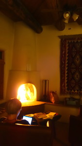 The kiva fireplace in a guest's Pueblo Suite.